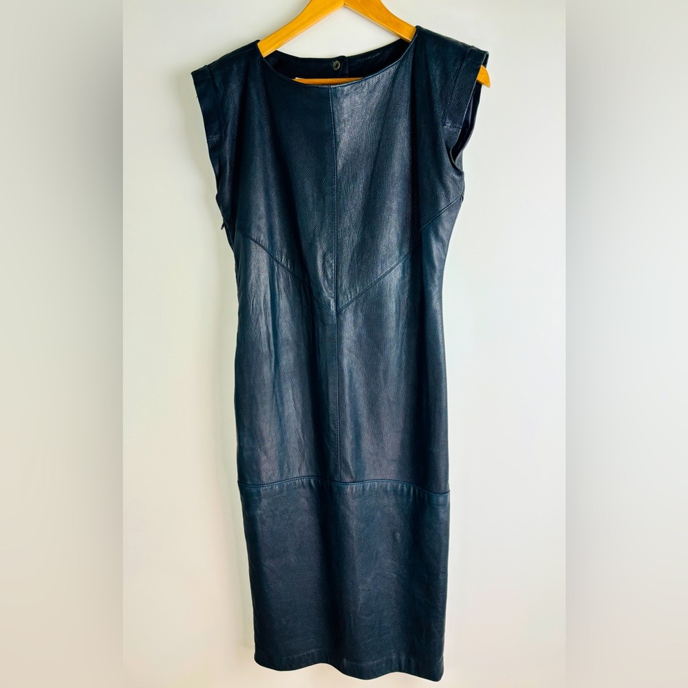 Vintage Bagatelle Soft Navy Embossed Leather midi length Pencil Dress.